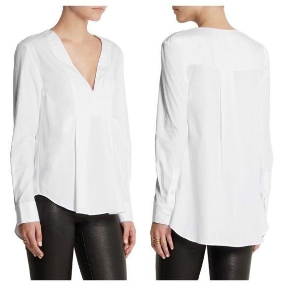 Thakoon Tops - Thakoon Addition Stretch Cotton Top White V-Neck 2 Long Sleeve Pleats‎